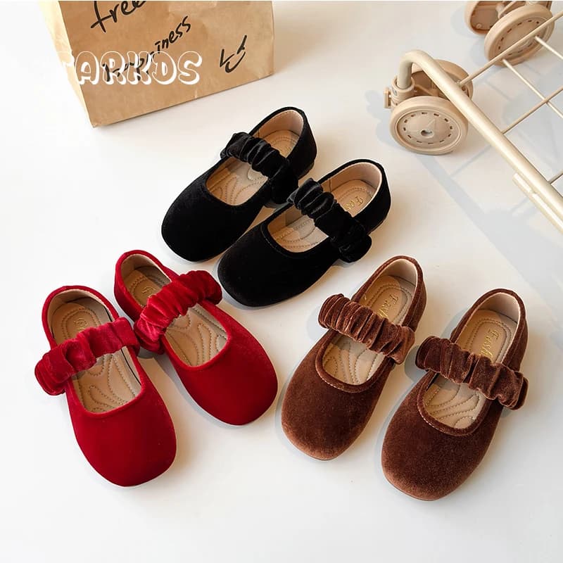 Ballerine in Velluto con Elastico Largo, Scarpe Mary Jane Vintage in Velluto Liscio per Bambine, Mocassini Morbidi con Suola Bassa per Neonati e Bambini