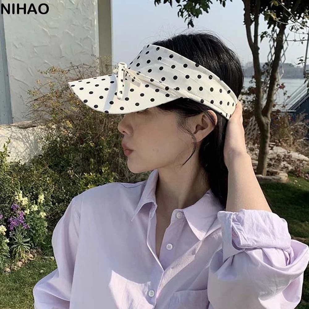 UV Shield Polka Dot Sun Visor Breathable Bowknot Open Top Cap Packable Fabric Beach Hat Teens