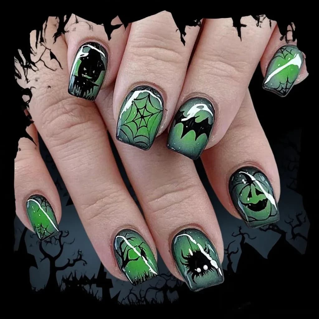 Finte Nails with Pattern Halloween bat, Finte Green Nails Press-On, Nail Decoration with Pumpkin and Web