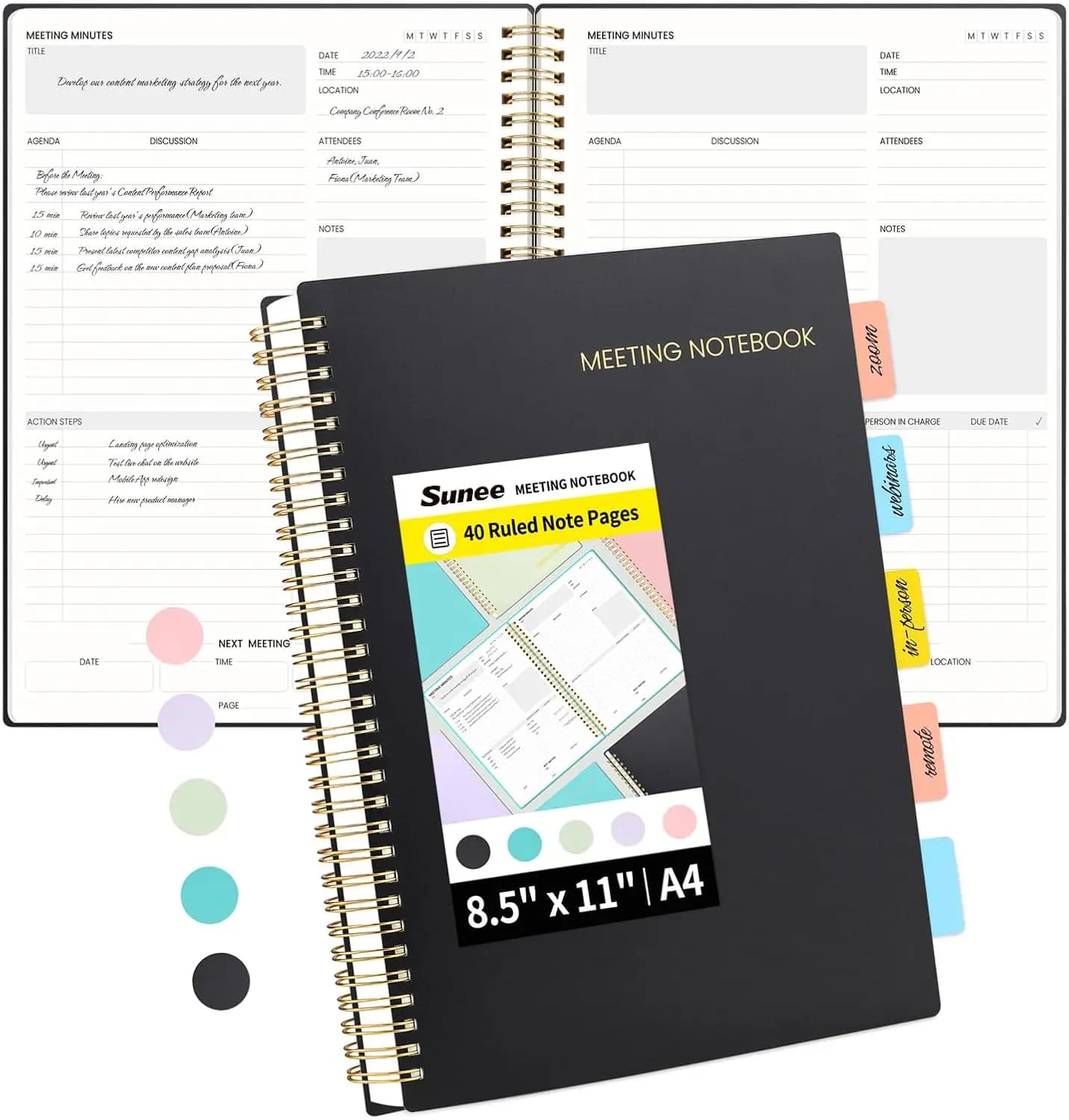 Agenda per progetti A4 con etichette adesive - 160 pagine, quaderno a spirale per riunioni, 8,5"x11", nero