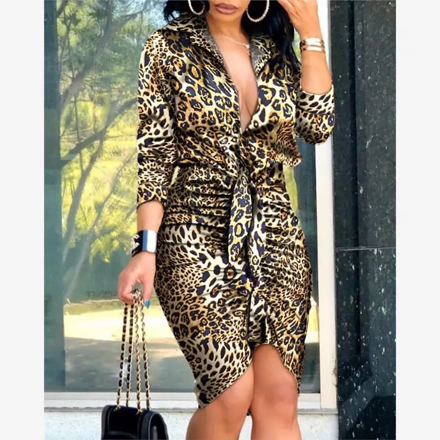 Abito Midi da Donna alla Moda Primavera Estate a Maniche Lunghe con Scollo a V, Stampa, Cintura e Vita Media, Stile Streetwear a Trapezio