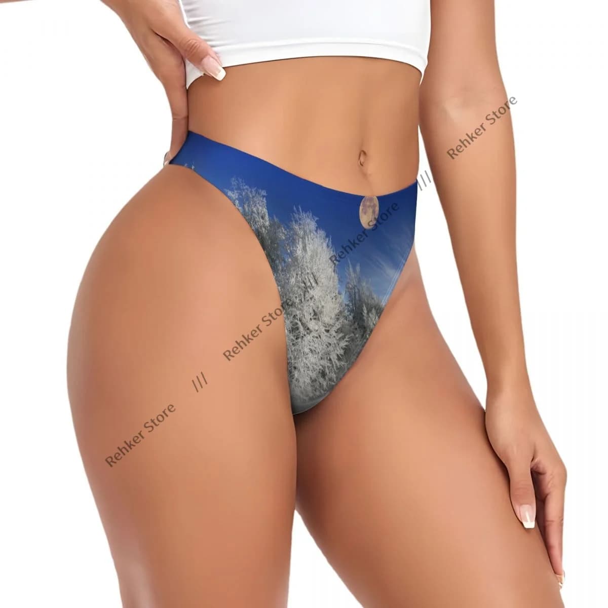 Perizoma Sexy da Donna con Stampa Alberi Innevati, Luna e Cielo, Traspirante