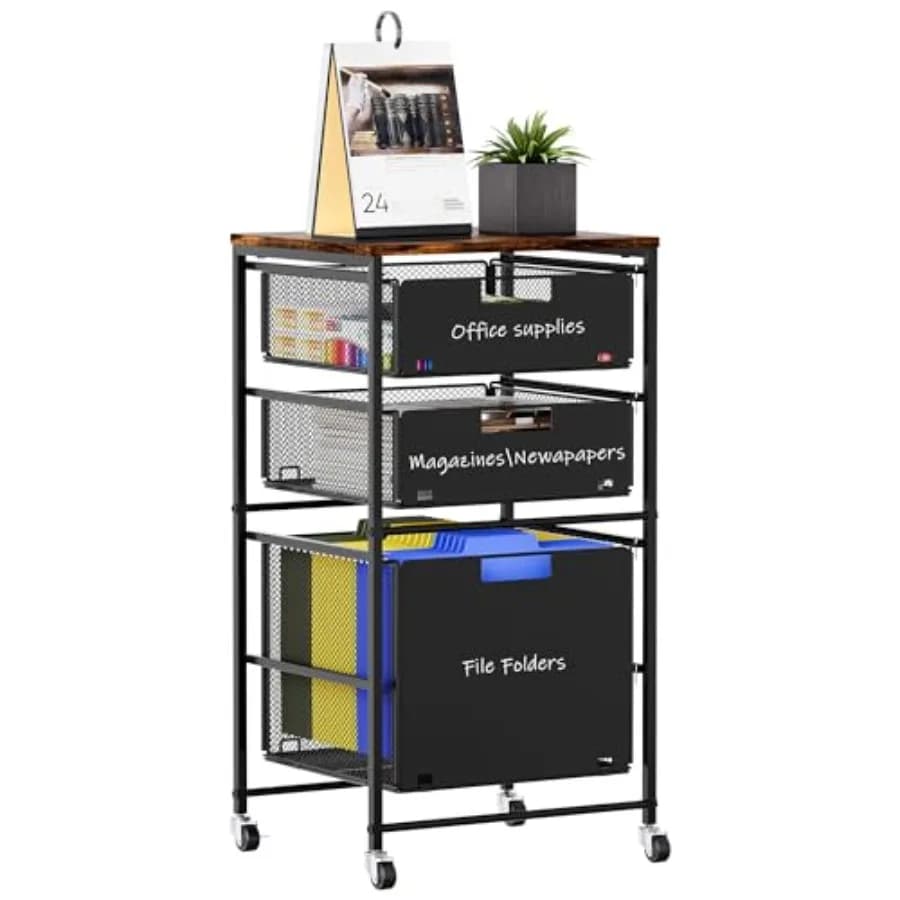 Organizzatore con 3 Cassetti Sotto Scrivania, Carrello Portadocumenti con Ruote Bloccabili, Organizzatore per Cartelle di Formato Letter