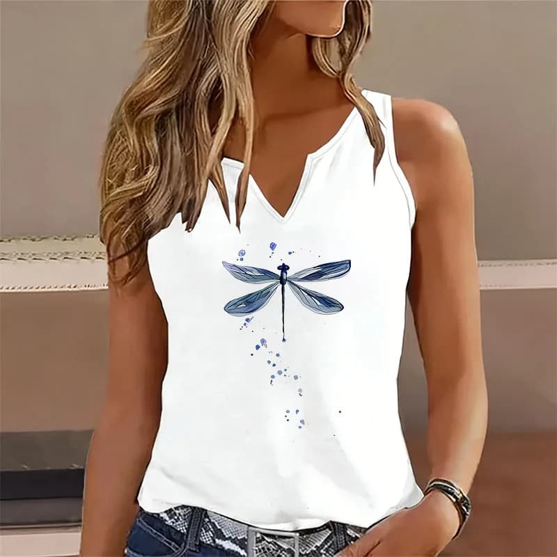 T-shirt con scollo a V casual con stampa a farfalla, canotta da donna senza maniche, top a V
