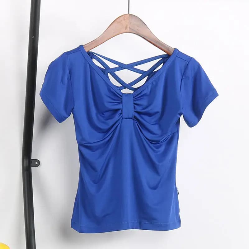 Fashion V-neck pleated blouses without back women clothing 2025 summer new short sleeve slim top korean sweet shirts