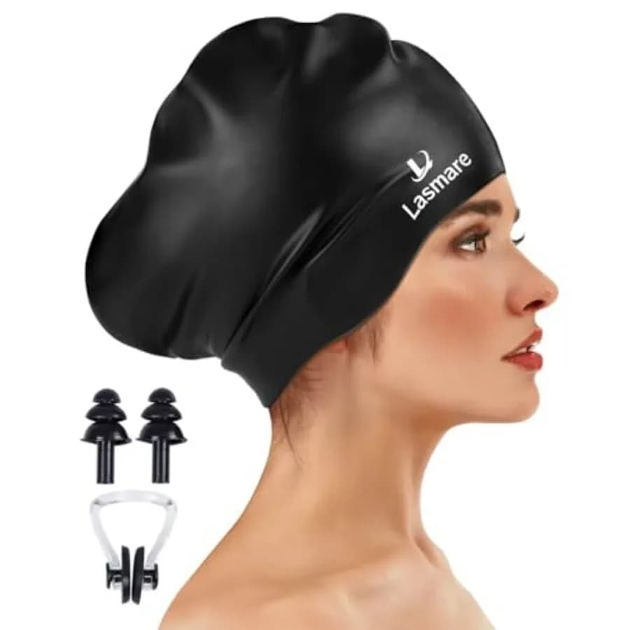 Large Long Hair Swim Cap with Extra Room for Women Men, Silicone Swimming Cap for Long Thick Hair with Ear Plugs Nose Clip Set,