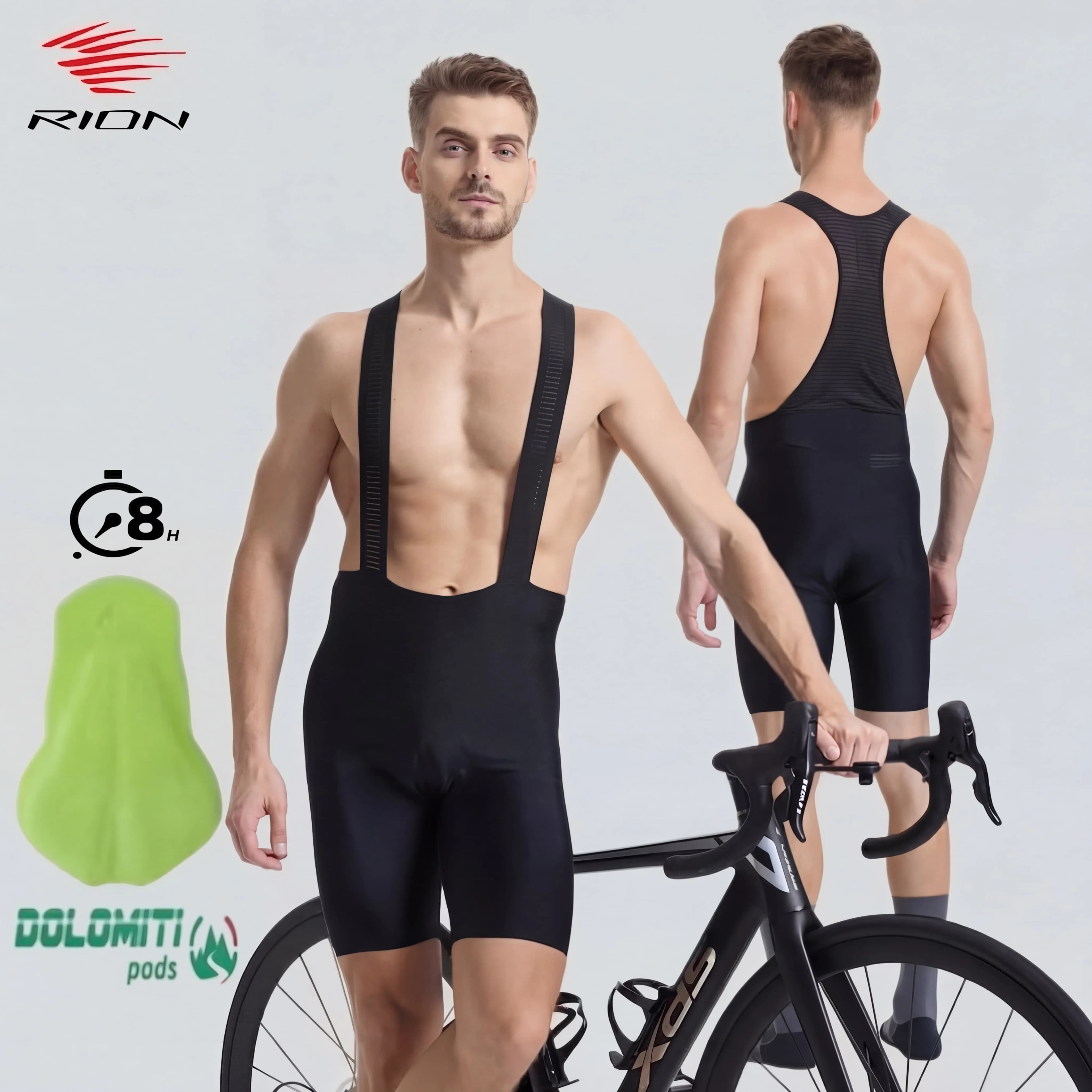 RION Pantaloncini da Ciclismo con Bretelle per Uomo, Imbottiti, Senza Cuciture, per Bici da Strada e MTB, Abbigliamento da Ciclismo per Lunghe Distanze, Dolomiti 8 Ore