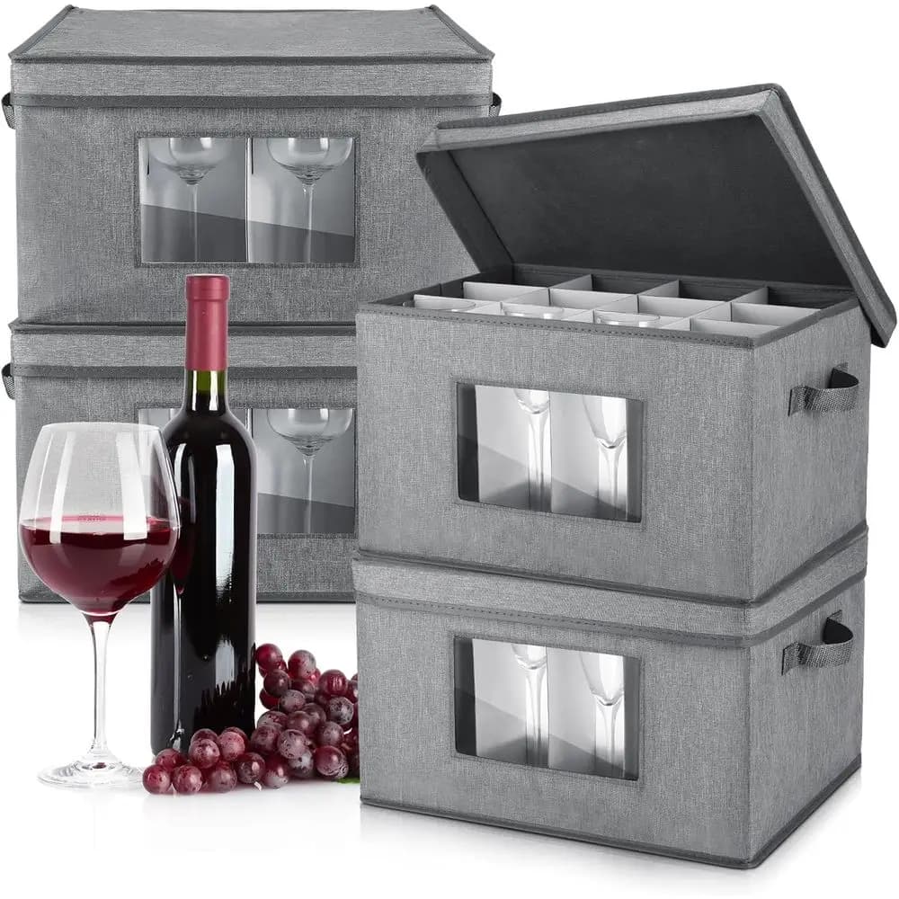 Box holders for gray wine glasses with 12 compartments, lid, handles and PVC window for easy transport