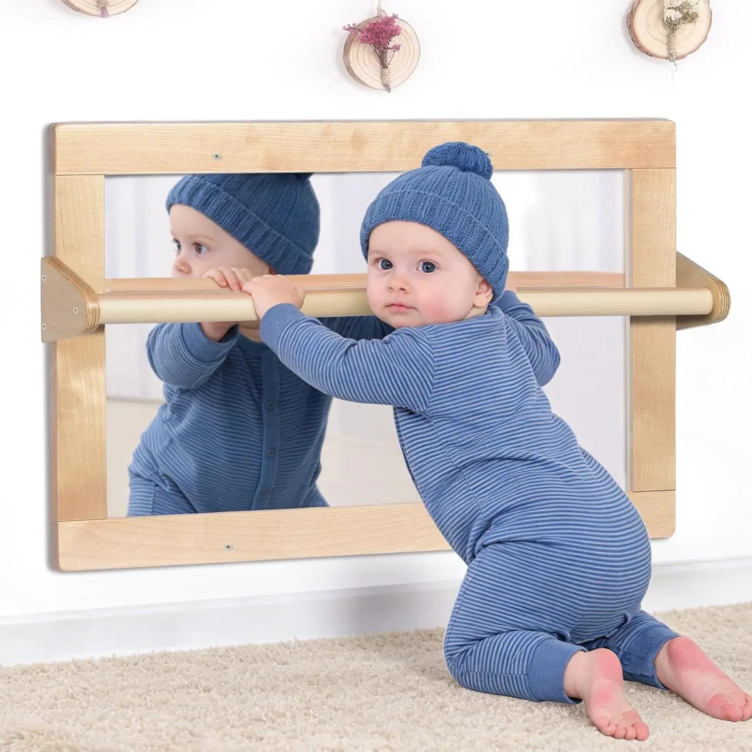 Safety mirror in wood Montessori for babies with 2 traction bars, do not break, for children from 6 to 18 months, natural color