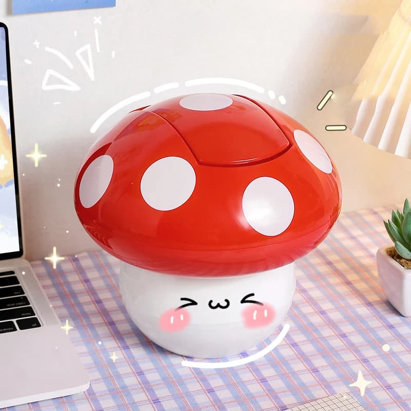 Cestino da scrivania a forma di fungo con coperchio ribaltabile, grazioso contenitore per rifiuti da tavolo, contenitore per immondizia kawaii per forniture da ufficio