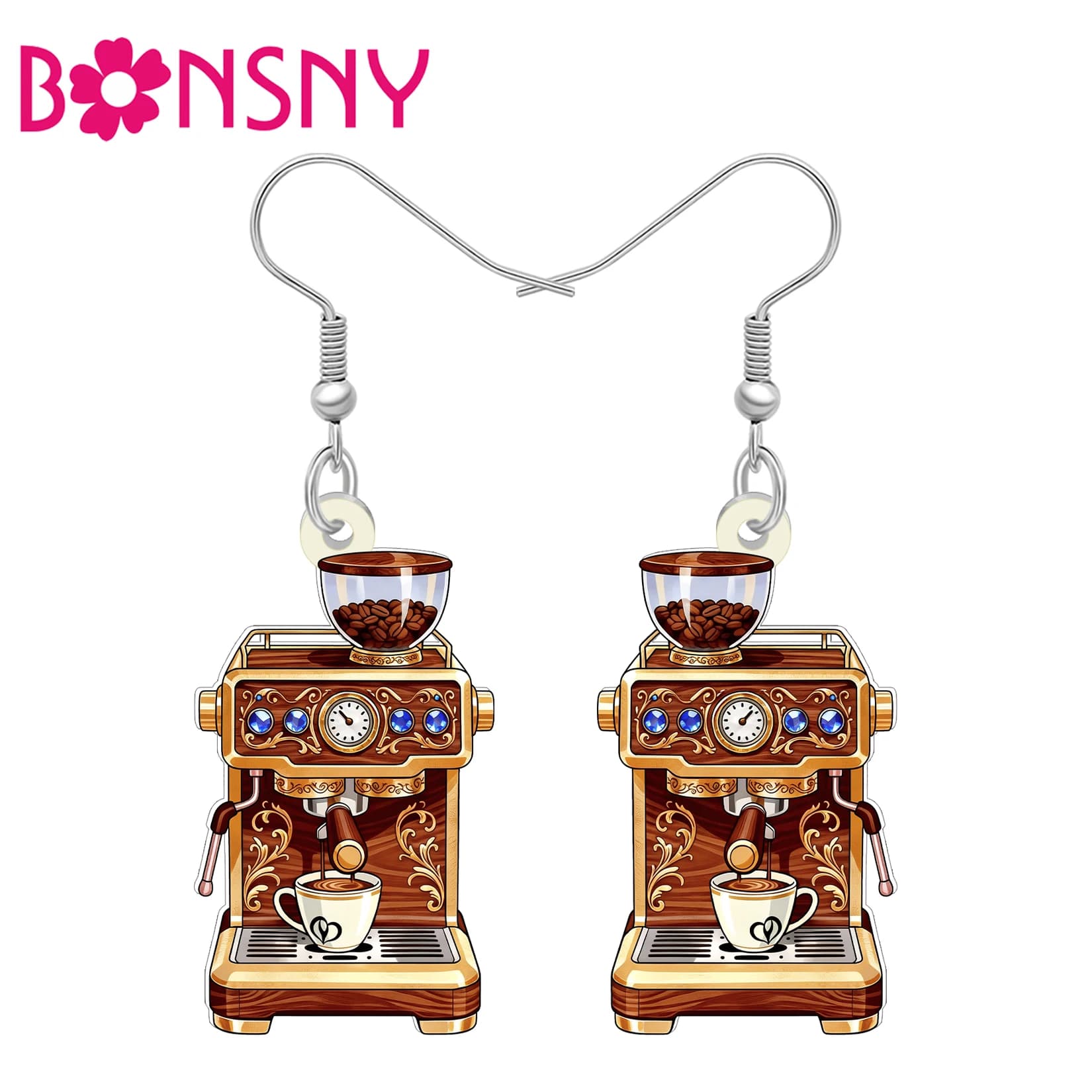 BONSNY Acrylic Retro Coffee Grinder Dangle Earrings Espresso Machine Cafe Maker Fun Jewelry Charms for Women Girls Barista Gifts
