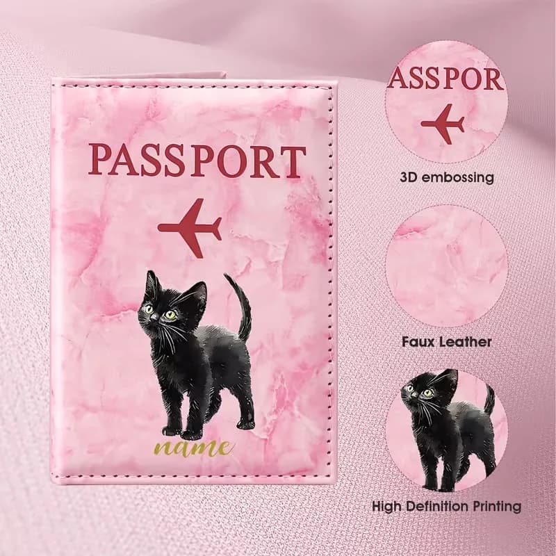 Personalized Custom Name Black Cat PU Passport Holder, Minimalist Animal Design with Name Text, PU Material Protects Passport