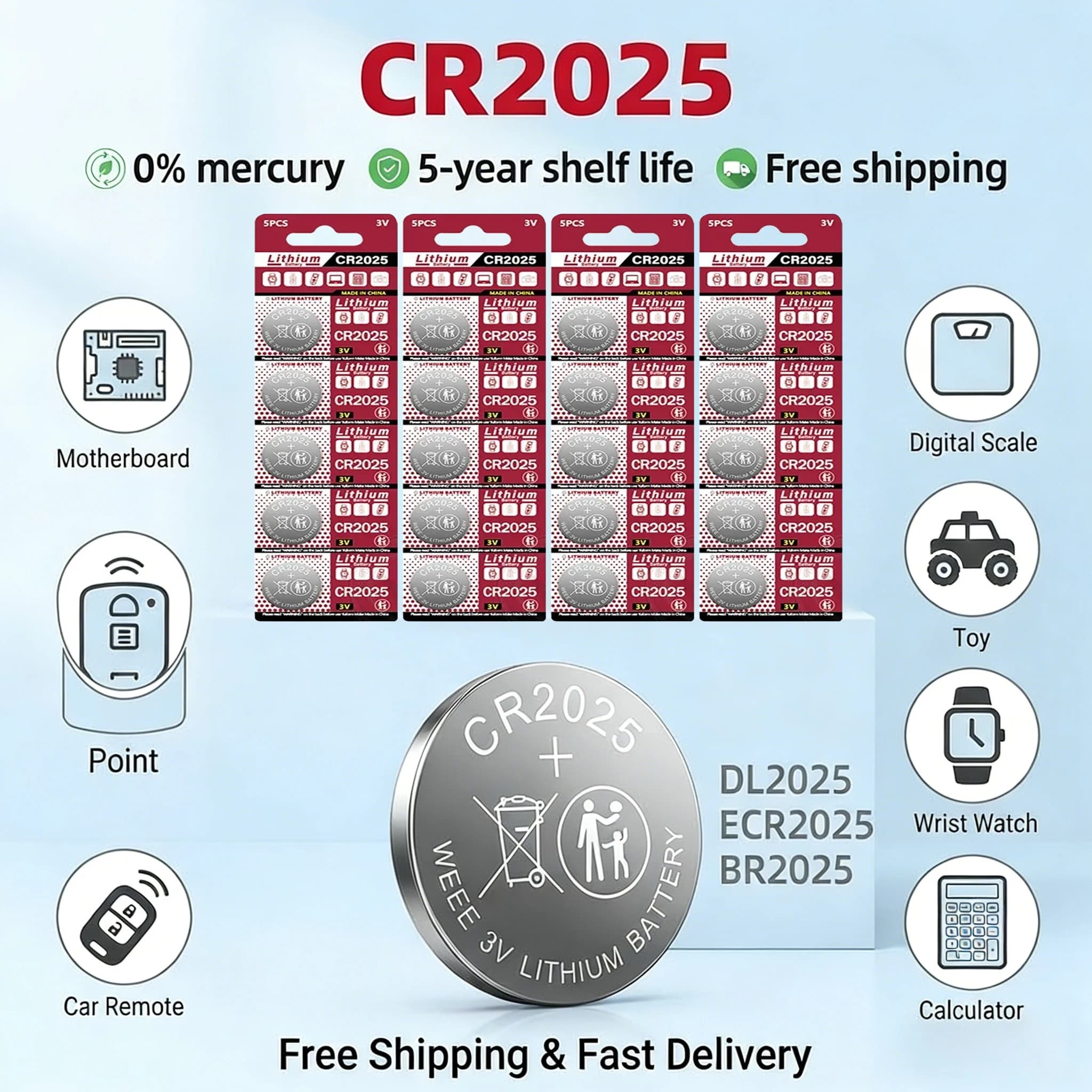 Batteria a Bottone 3V 150mAh CR2025 Compatibile con DL2025 BR2025 KCR2025 per Telecomando Auto e Orologio