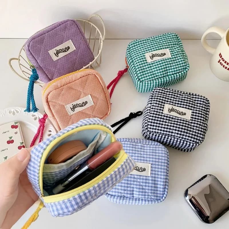 Mini Portamonete a Quadretti, Piccolo Portafoglio da Donna, Borsa Portatile per Cosmetici, Porta Rossetto, Porta Carte, Pochette a Cuscino