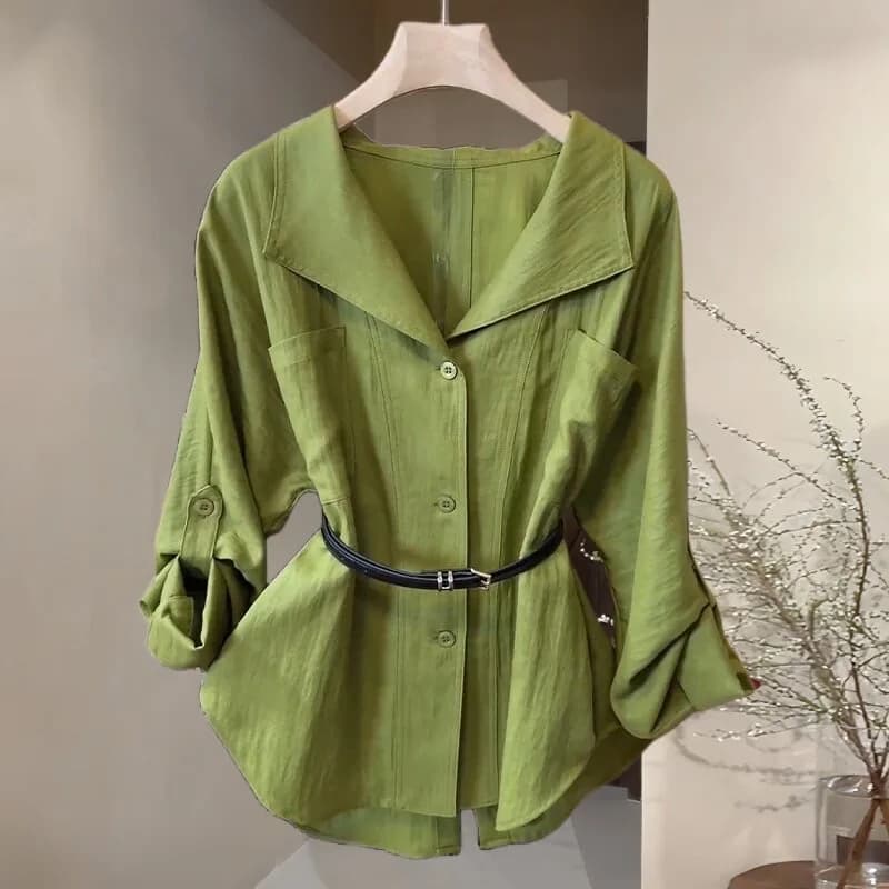 Spring 2026 Women's Loose Fit Shirt Slimming Waist Design Collar Long Sleeve Casual Fashion Top Body Concealing
