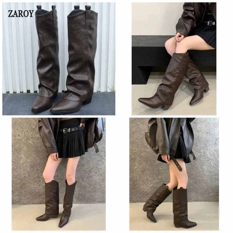 ZAROY Autumn Winter Pointed Toe Knee-High Boots Women Leather Brand Designer Square Low Heels Street Style Party Long Booties