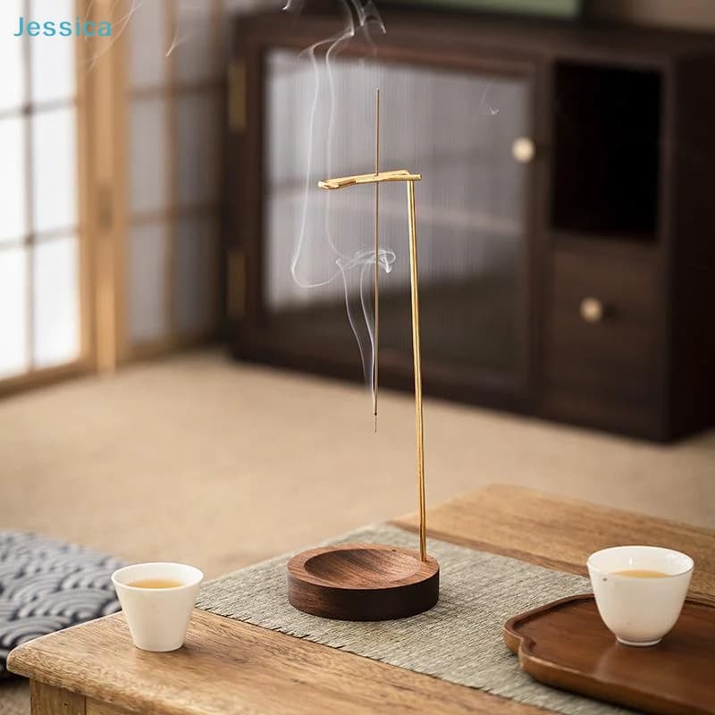 〔Jessica〕Bruciatore di incenso verticale moderno - Porta bastoncini in ottone con raccogli cenere in legno per Yoga e Relax