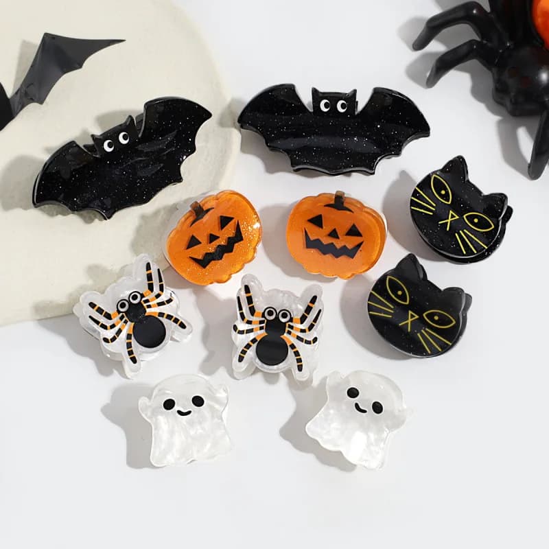 Halloween Party Mini Hair Claw Clips, Bat Pumpkin Spider Ghost Black Cat Design, Festive Barrettes for Costume Parties & Holiday Events