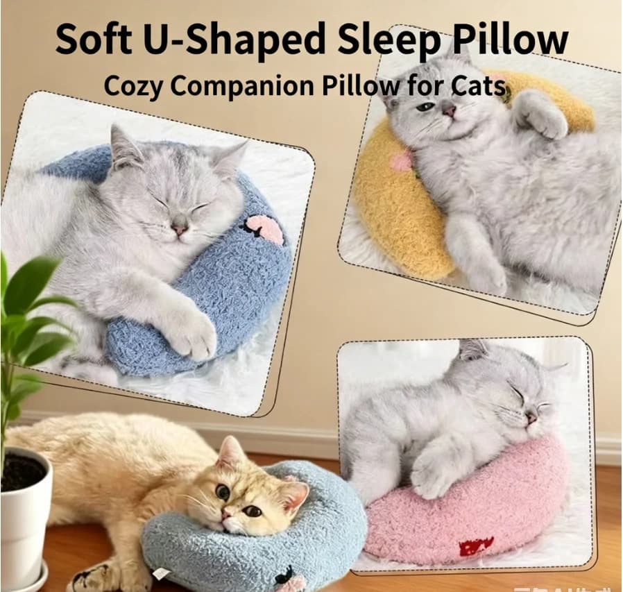 Pet U-Shaped Neck Pillow for Cats Dogs, Soft Plush Thick Filling Cervical Support Sleeping Rest，Hypoallergenic Washable Cover