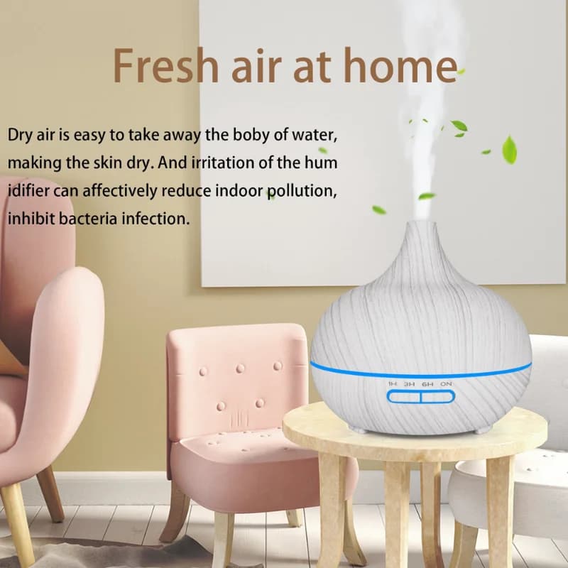 Diffusore di aromaterapia ad ultrasuoni con venature del legno da 500 ml con telecomando, LED a 7 colori, umidificatore per casa e ufficio, funzionamento silenzioso Ex