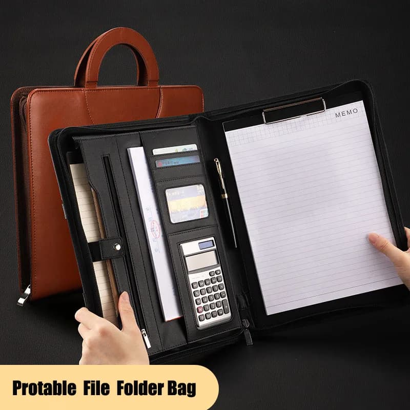 Cartella portadocumenti portatile A4 raccoglitore cartella portadocumenti Padfolio Notebook con maniglia calcolatrice cerniera PU Leather Office Manager Bag