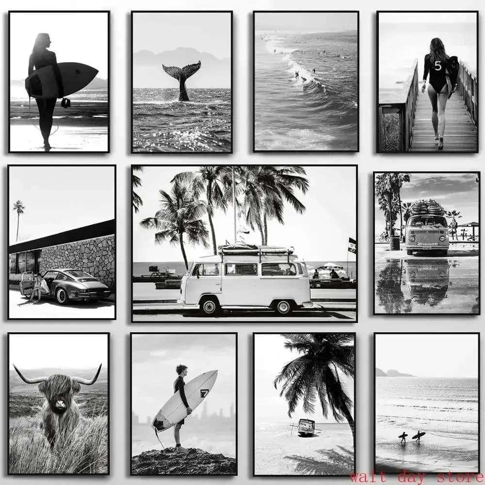 Beach Camper Van Surfing Ocean Landscape Wall Art Palm Tree Surfboard Canvas Painting Home Room Decor Poster Prints