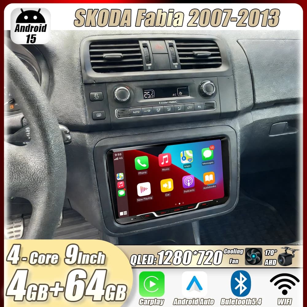 Autoradio 4GB+64GB 9" per SKODA Fabia 2007-2013 con Apple CarPlay Android 15, GPS, 4G+WIFI, Navigatore e Lettore Multimediale