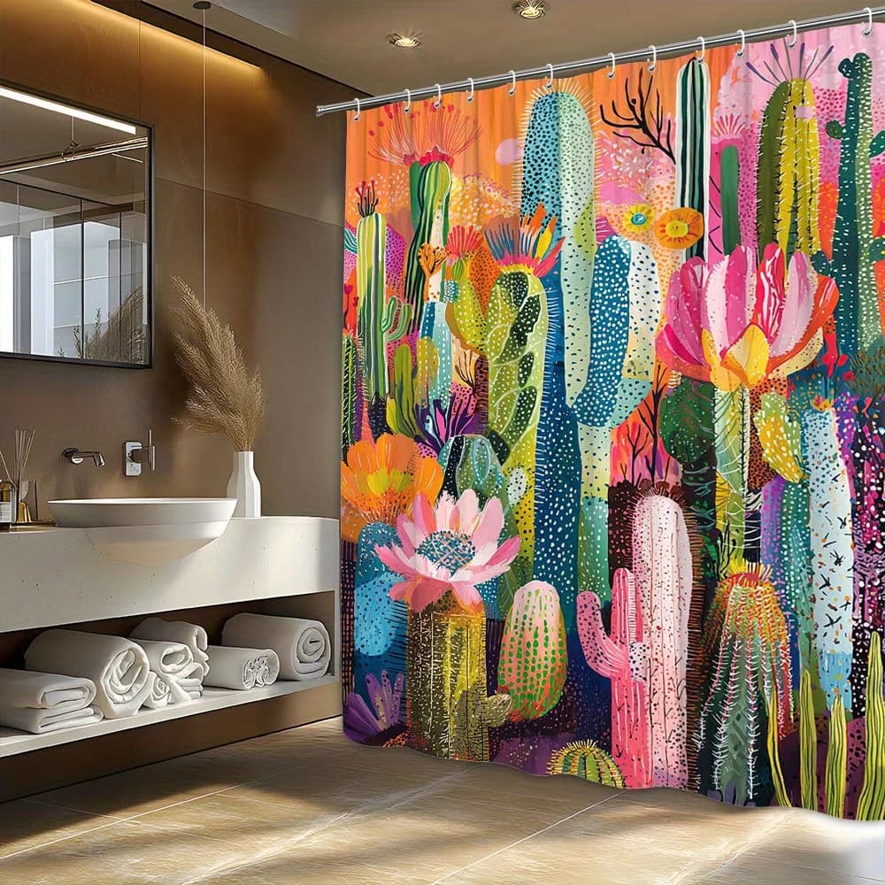 1pc Whimsical Desert Cacti and Sunset Polyester Shower Curtain, Machine Washable, All-Season, Unlined, Fashion Theme, Includes 1