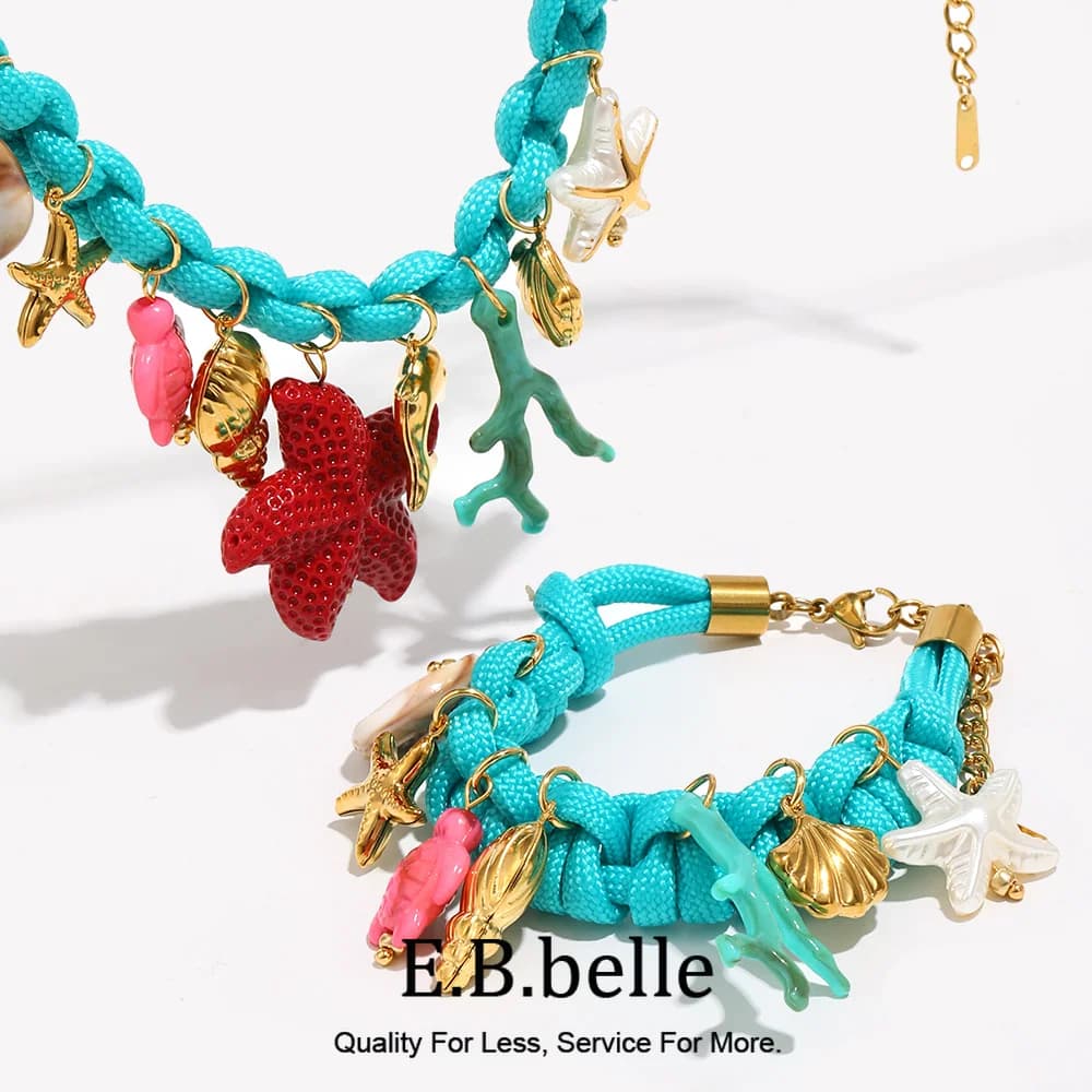 EBbelle Collana con ciondolo elemento marino in corda intrecciata blu brillante e bracciale Set di gioielli con conchiglia stella marina rossa delfino