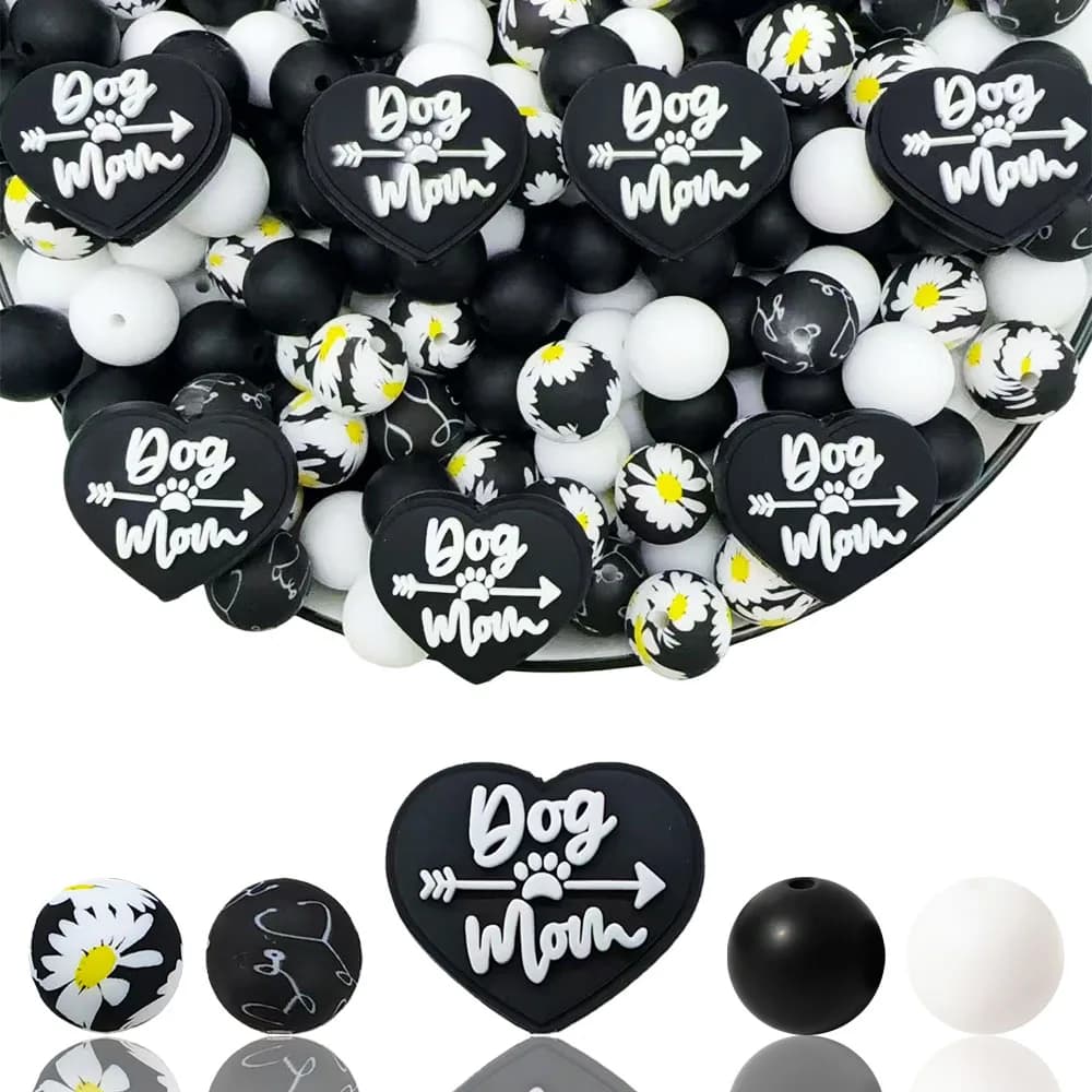 Set of 33 silicone beads with black heart shape elements - Suitable for DIY key rings, bracelets, decorative pens and pendants - Perfect as a gift
