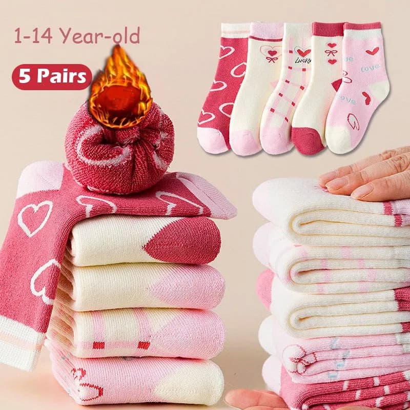Girls Winter Socks 5 Pairs Baby Cute Color Princess Pink Thick Cotton Socks Children Warm Winter Socks