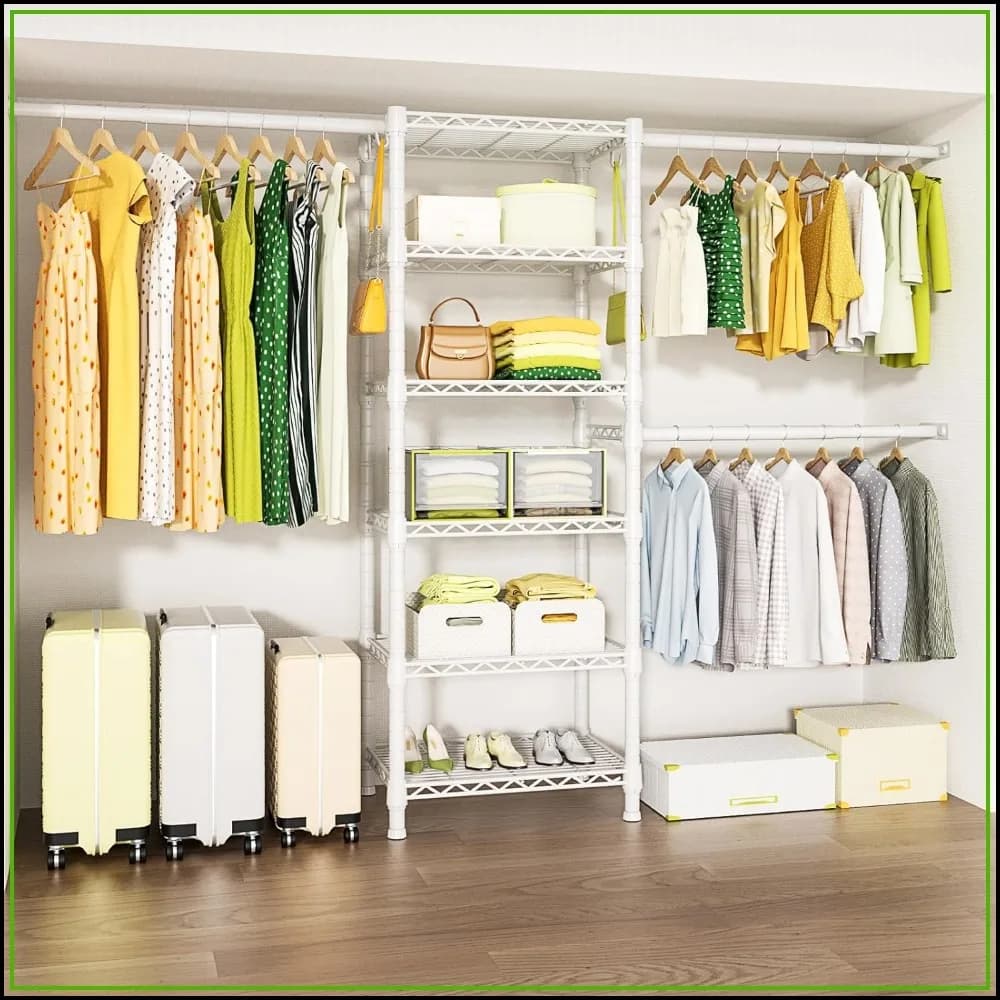 Heavy Duty Wall Mounted Clothes Rack with 6 Shelves & 3 Expandable Hanger Rods, Space Saver for Closet, 46.2-102.4" W x 14" D x 83.1" H
