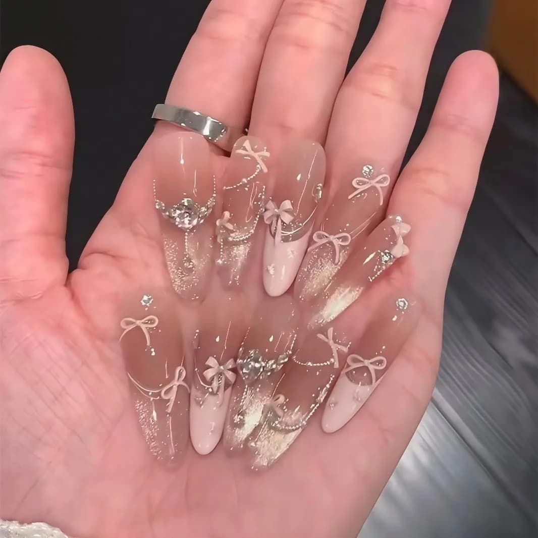10 pcs. Fin nails French with bow, glitter and diamonds, pure nails Stiletto lengths, Mini Flowers, Nail Tips, Nail Art Effect Cat Eye