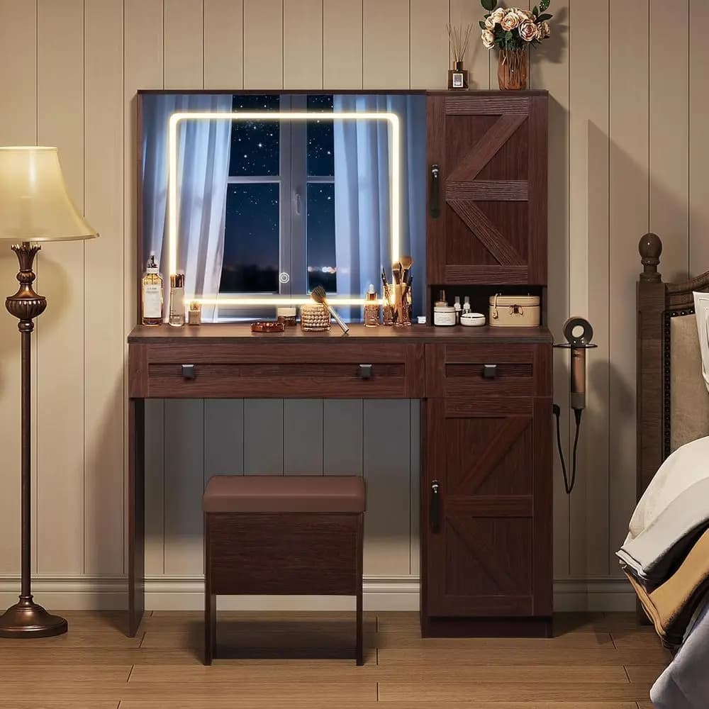 Makeup Vanity Table with 3 CCT LED Mirror, Storage Cabinet, Charging Station, Hair Dryer Holder, Wooden Drawer Set for Bedroom