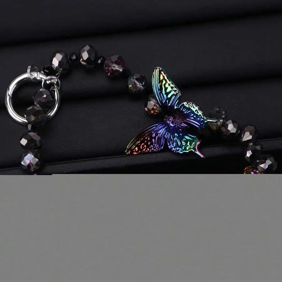 Portachiavi con Farfalla 3D e Perline, Accessorio per Borsa con Anello in Lega di Zinco