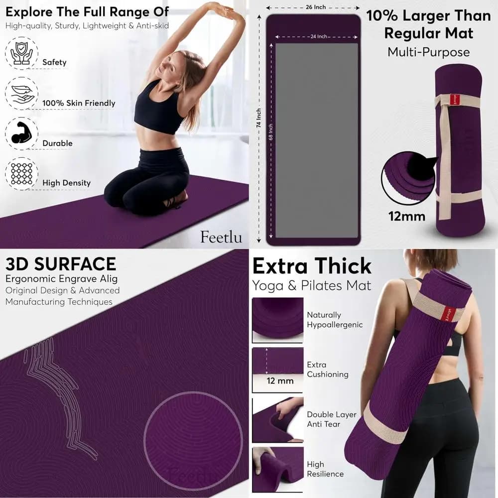 12 mm thick exercise pad for yoga, pilates and floor training: non-slip, suitable for joints, cushioned, durable with strap included