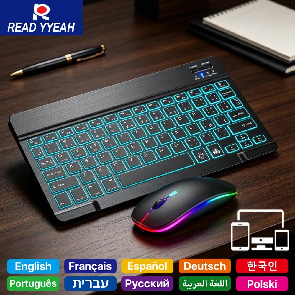 Tastiera Bluetooth Retroilluminata Ricaricabile 2026 con Mouse per Tablet e Telefono Android iOS Windows, Tastiera Wireless Spagnola Ebraica