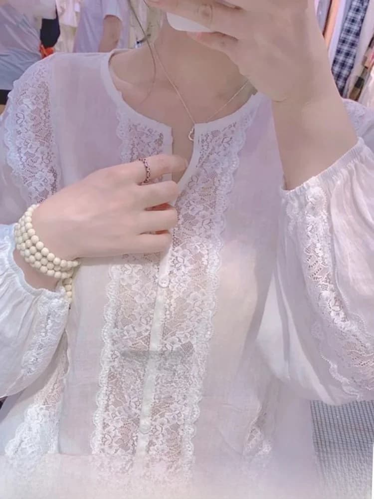 Lace Trim Loose Women's Blouse Long Sleeve Chiffon Shirt Seven-Quarter Sleeve Cover Belly Top Korean Style Commute Wind