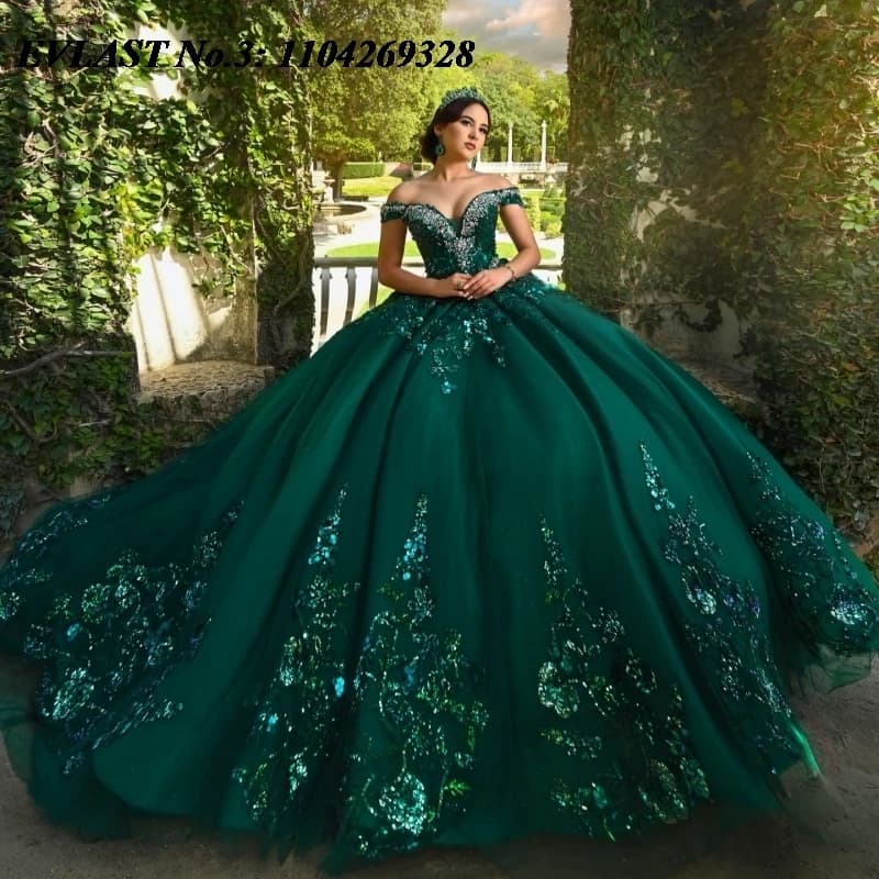 EVLAST Personalizzato Lucido Verde Neroastro Abito Quinceanera Abito di Sfera Applique Floreale Che Borda Dolce 16 Abiti 15 De Anos E3Q852