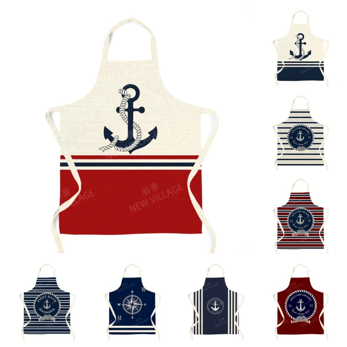 Grembiule di lino personalizzato Design di ancoraggio nautico nome della barca personalizzato cottura regolabile grembiule da cucina per barbecue Unisex durevole