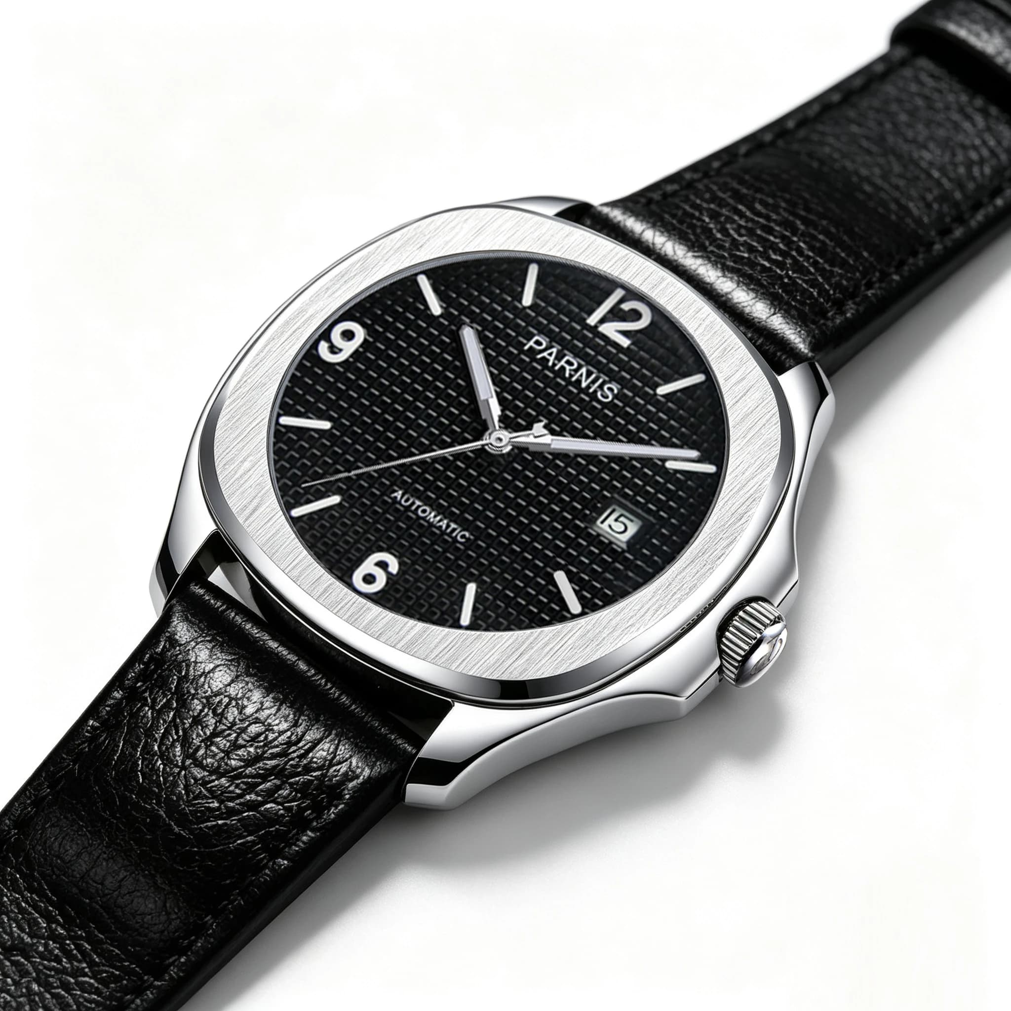 Fashion Parnis 40mm Silver Case Automatic Men Watch Leather Strap Sapphire Crystal Mechanical Luxury Watches reloj hombre Clock