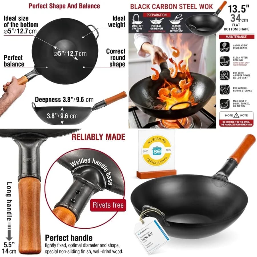 Padella Wok in Acciaio al Carbonio 13.5 Pollici, Pretrattata, Fondo Piatto, per Stir-Fry, BBQ, Grigliate, Campeggio, Stile Tradizionale Giapponese e Cinese