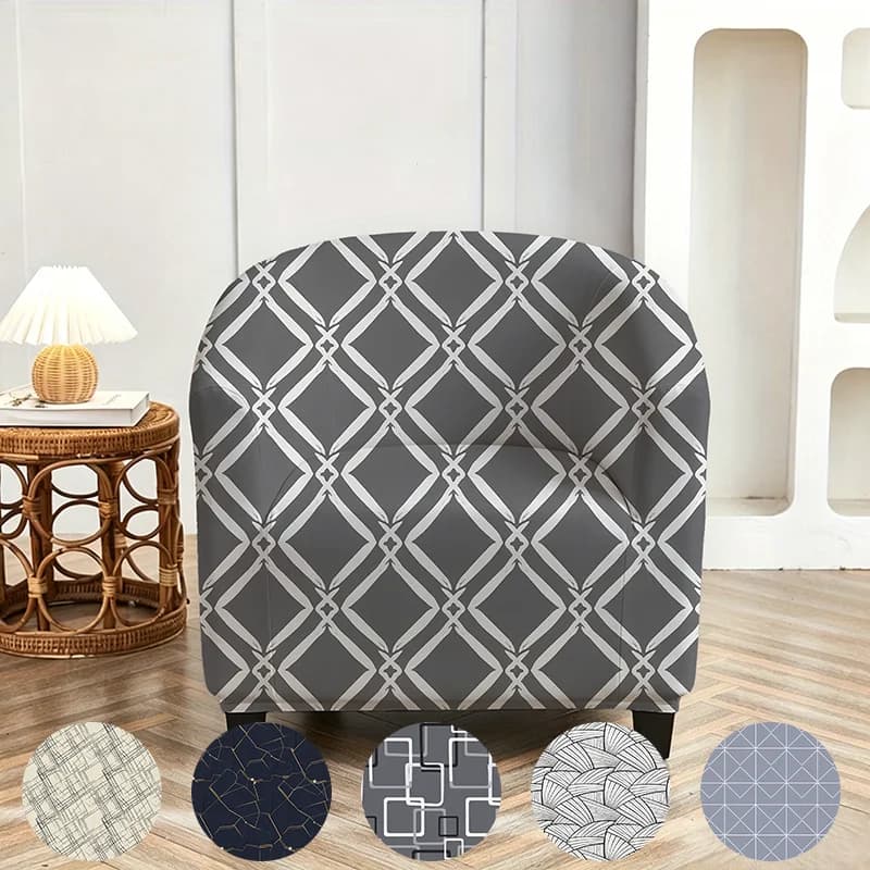 Gray and white rhombus geometric pattern single armrest sofa chair cover, high elastic elastane casual single chair dust cover