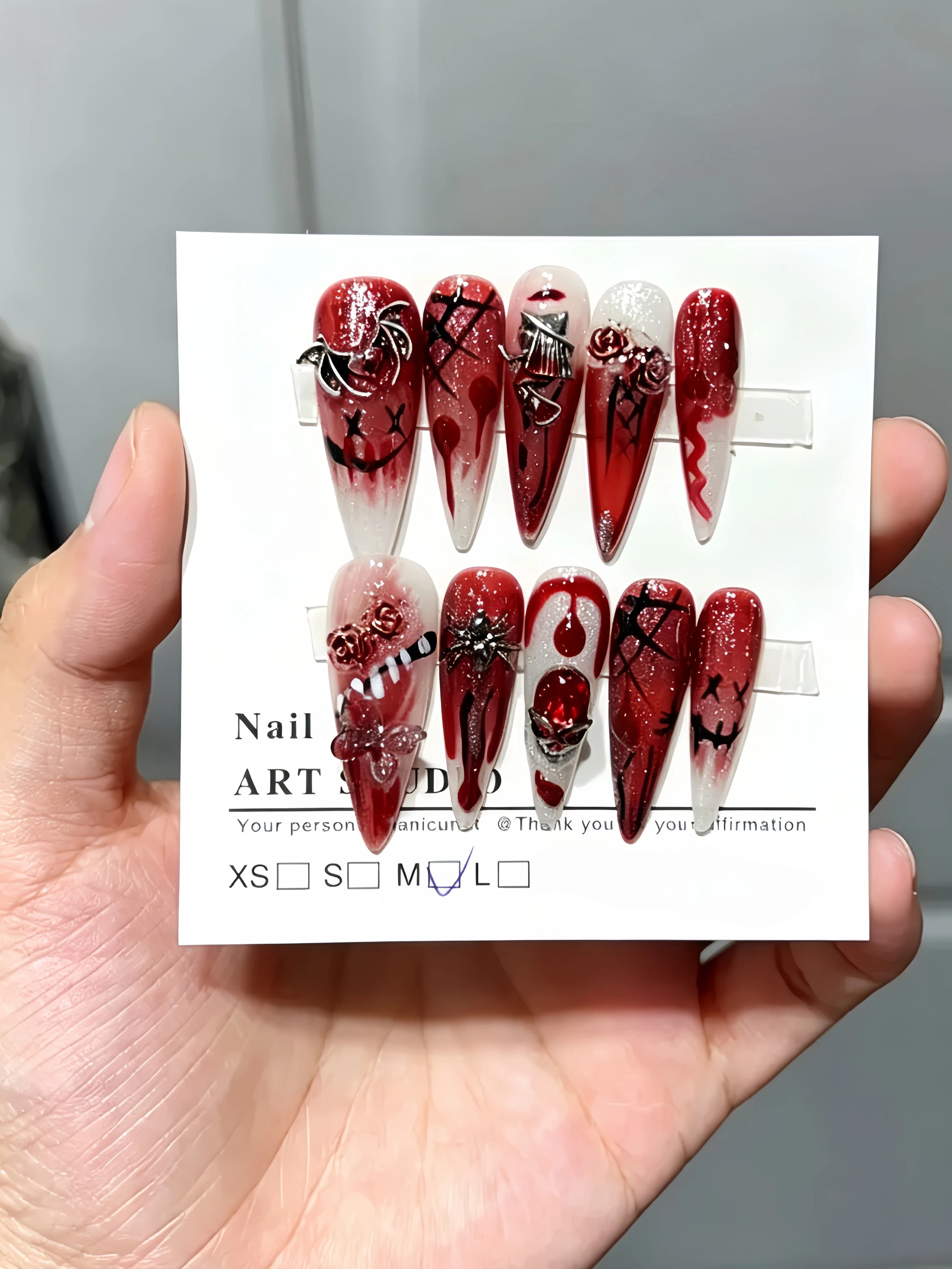10 Long Almond-Shaped Press-On Nails, Blood-Colored Rose Halloween Nail Art, Spider, Knife, Ghost Face, Dark Gothic Aesthetic Nail Stickers, Dark Subculture Halloween Niche Art Nails