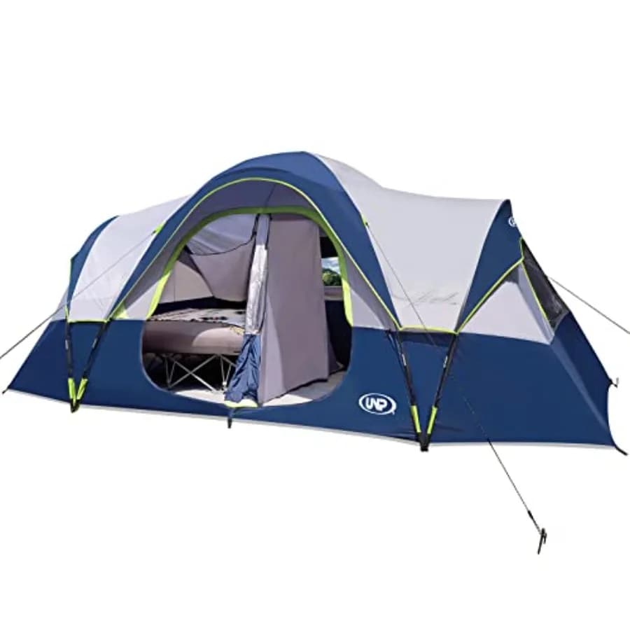 Camping Tent for Family Use, Polyester Fabric, Gray, Easy Setup with 5 Mesh Windows and Waterproof Double-Layer Design