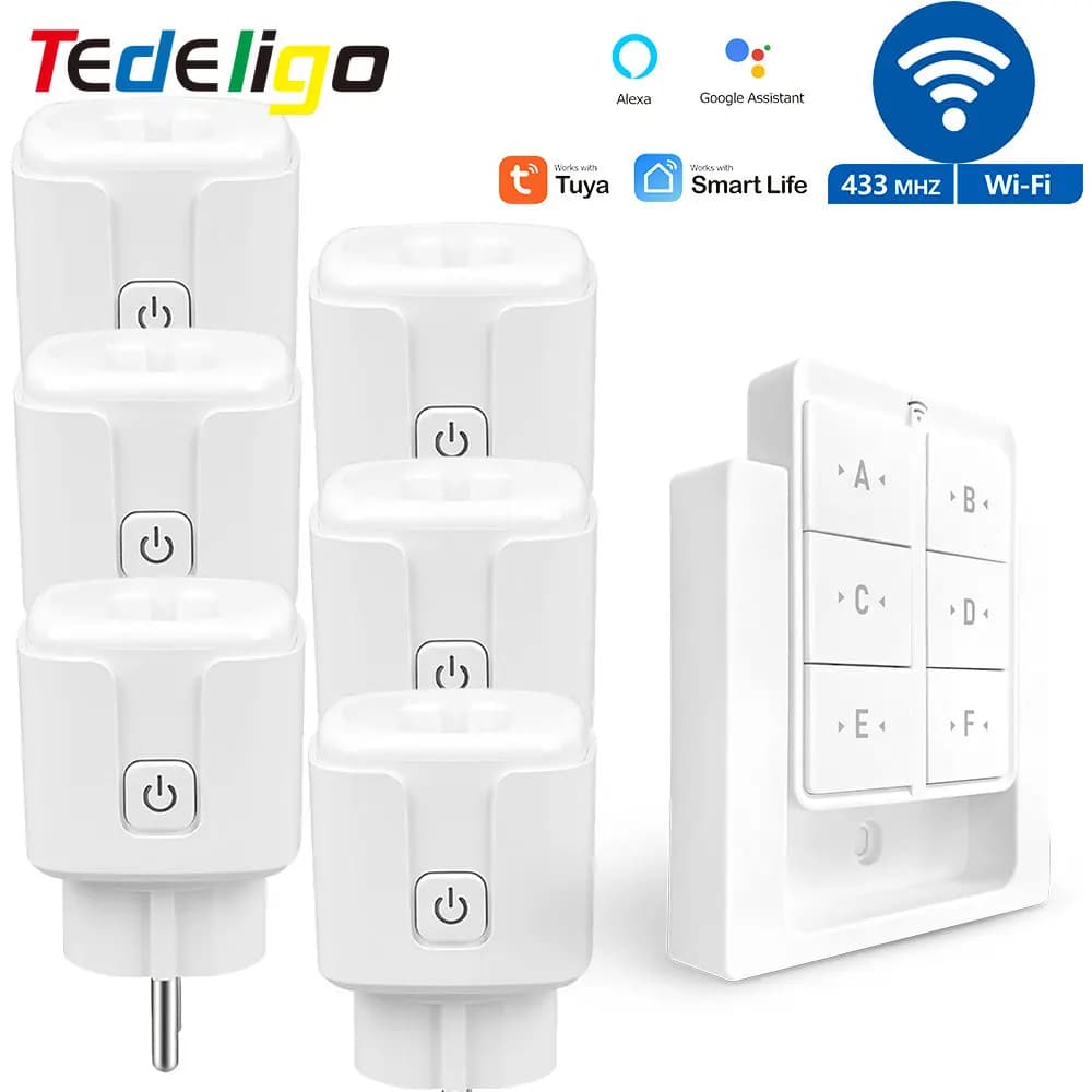 Tuya WiFi Smart Plug Socket, 220V 230V 240V 16A 3000W 433MHz Interruttore di uscita telecomando wireless con monitor di alimentazione, interruttore magnetico a parete, standard EU , funziona con Alexa