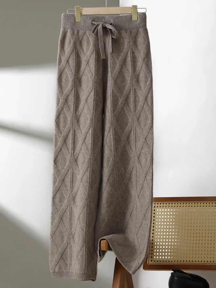 Pantaloni Larghi da Donna TLOML 100% Lana Merino con Jacquard a Maglia e Vita Elastica, Caldi e Spessi per Autunno Inverno