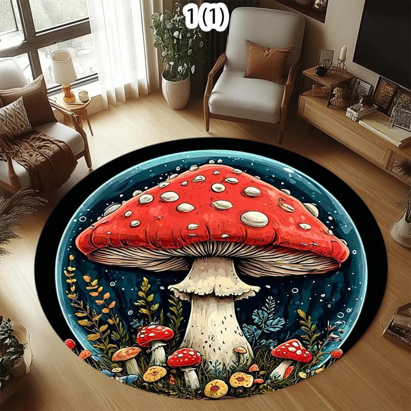Circular Carpet with Forest Mushrooms, Carpet with Velenosi Mushrooms, Carpet with Colorful Neon Mushrooms, Regional Carpet, Easter Carpet