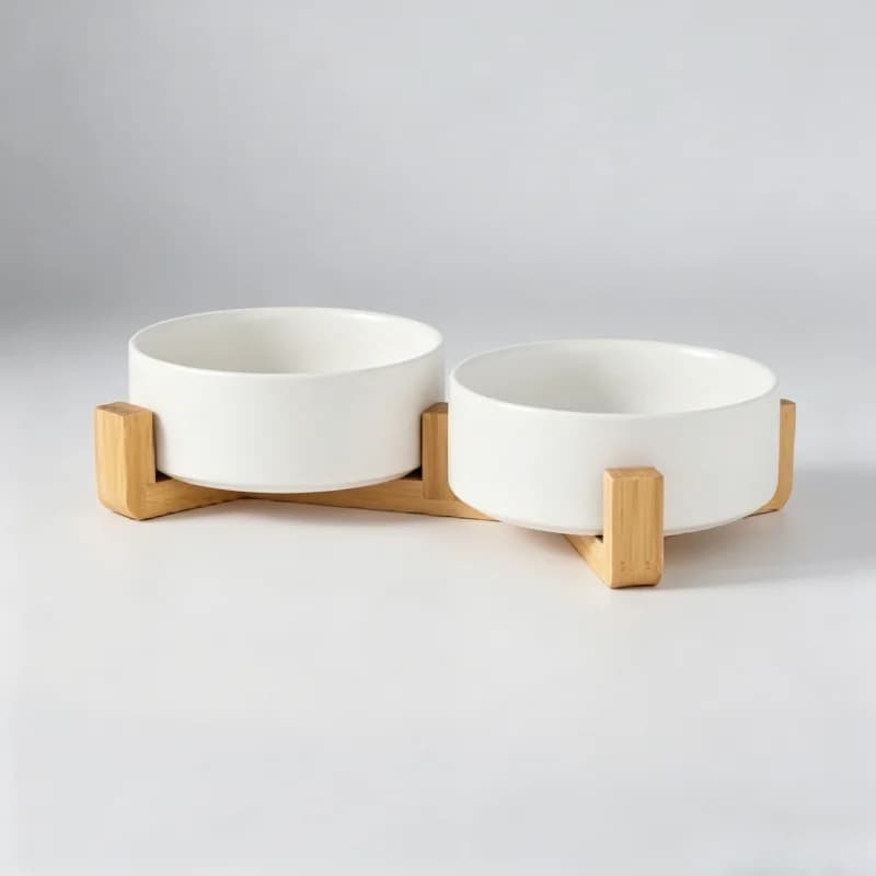 Elevated Ceramic Double Pet Bowls with Wooden Stand Anti-Spill Non-slip Food Water Feeder for Cats Small Dogs Puppies Kittens