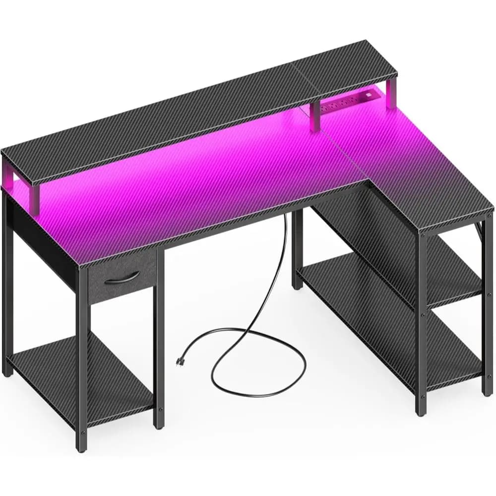 Scrivania da gioco a forma di L da 47 pollici con luci a LED e prese di corrente, scrivania per computer reversibile con ripiani e supporto per monitor, Cor
